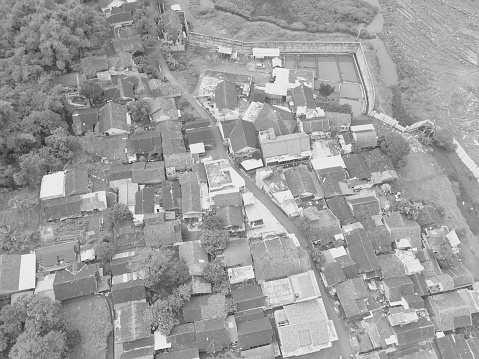 Black and white photo of suburban mapping in the Cikancung area - Indonesia.