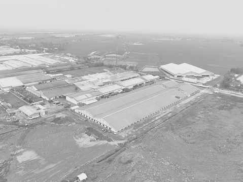 Black and white photo aerial view of textile industrial district in Cikancung area - Indonesia.