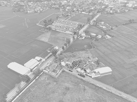 Black and white photo aerial view of textile industrial district in Cikancung area - Indonesia.
