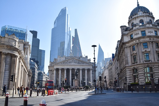 London, UK - April 23 2021: The Royal Exchange and the Bank of England in the City of London, the capital's financial district.