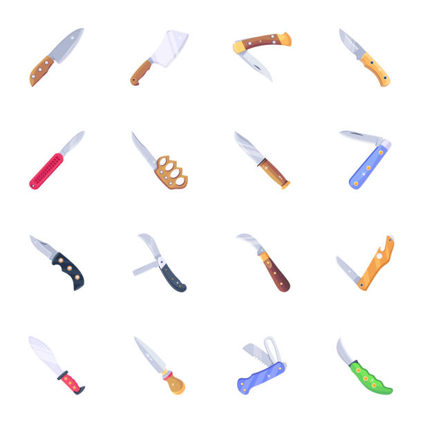 illustrazioni stock, clip art, cartoni animati e icone di tendenza di confezione di coltelli vettoriali piatti - knife weapon switchblade dagger