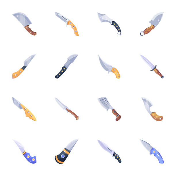 illustrazioni stock, clip art, cartoni animati e icone di tendenza di confezione di coltelli da combattimento vettori piatti - knife weapon switchblade dagger