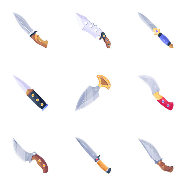 набор острых ножей плоские векторы - knife weapon switchblade dagger stock illustrations