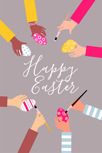 Children's hands coloring Easter eggs, vertical postcard with gray background.