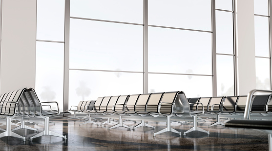 Airport or terminal lounge interior mockup, side view, 3d rendering. Waiting hall or transport station with seat and facilities mock up. Plain or train international travel zone template.