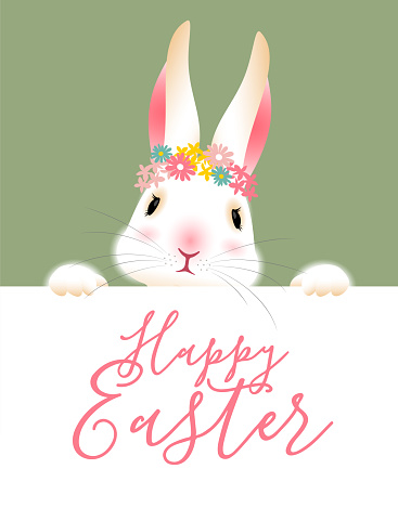 Cute Easter bunny in a floral crown on a banner.