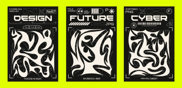 レトロな未来的なスタイルのy2kポスター。90年代のデザインのための部族スタイルの要素。印刷可能なベクター画像バナーコレクション - ナイトクラビング点のイラスト素材／クリップアート素材／マンガ素材／アイコン素材