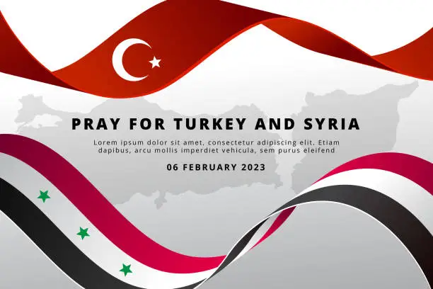 Vector illustration of Pray for Turkey and Syria map and flag background