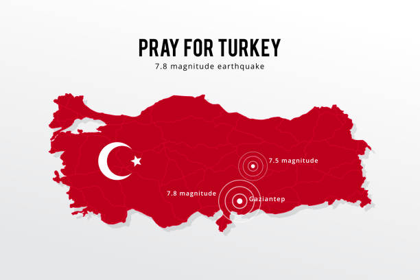 터키 지진. 터키를 위해기도하십시오, 투르 키예. 영향 및 지진 흔들림의 중심선 지도. 터키 지진 정도 차트 및지도. 터키 지진 지도, 국가 지도. - turkey earthquake stock illustrations