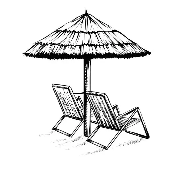 Vector illustration of Beach umbrella with pair of sun loungers, vector sketch.