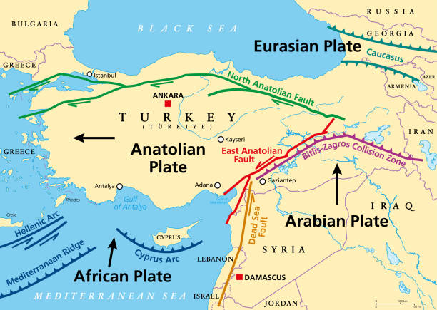 mapa płyty anatolijskiej, oddzielona od płyty euroazjatyckiej i arabskiej - anatolia stock illustrations