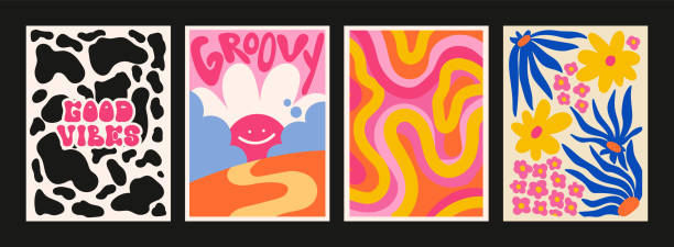 90s groovy posters. Cartoon psychedelic style. Bright hippie characters and retro elements. Trip landscapes with mountains, sun rays, flowers, trip wave. Vector collection retro posters hippie emo style, abstract backgrounds with flowers and sunbeams psychedelic flowers stock illustrations