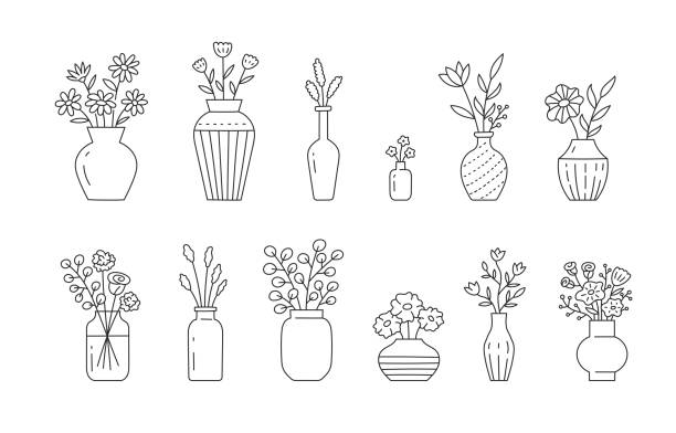 ilustrações, clipart, desenhos animados e ícones de flor na ilustração do doodle do vaso, incluindo buquês florais diferentes. arte de linha fofa desenhada à mão sobre plantas no interior. desenho linear fino para colorir. traçado editável - vase