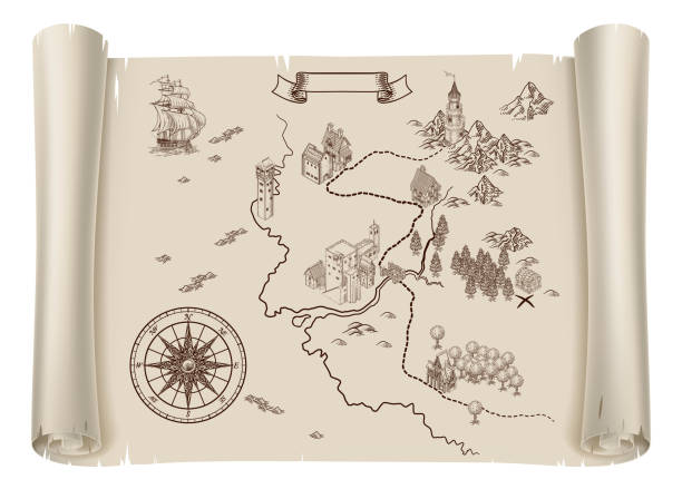 ilustraciones, imágenes clip art, dibujos animados e iconos de stock de pirate fantasy treasure map ilustración vintage - adventure history map backgrounds