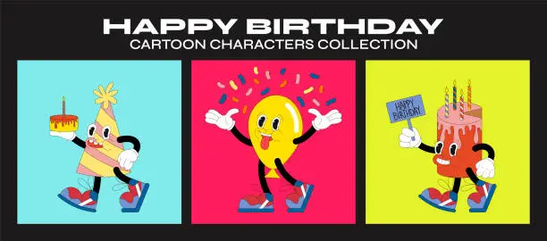 Vector illustration of Funny cartoon character Birthday. fashion poster. Vector illustration of cake, gel balloon, cap in 90s style. Set of comic elements in trendy retro cartoon style.