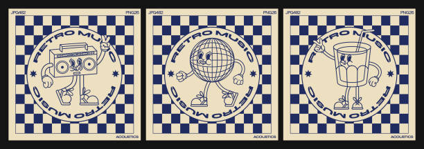 ilustraciones, imágenes clip art, dibujos animados e iconos de stock de personajes de dibujos animados retro disco de los 90. cartel vintage de moda. personajes divertidos en estilo doodle, bola de discoteca, vinilo, grabadora, cóctel. ilustración vectorial con elementos tipográficos - funky bola espejo