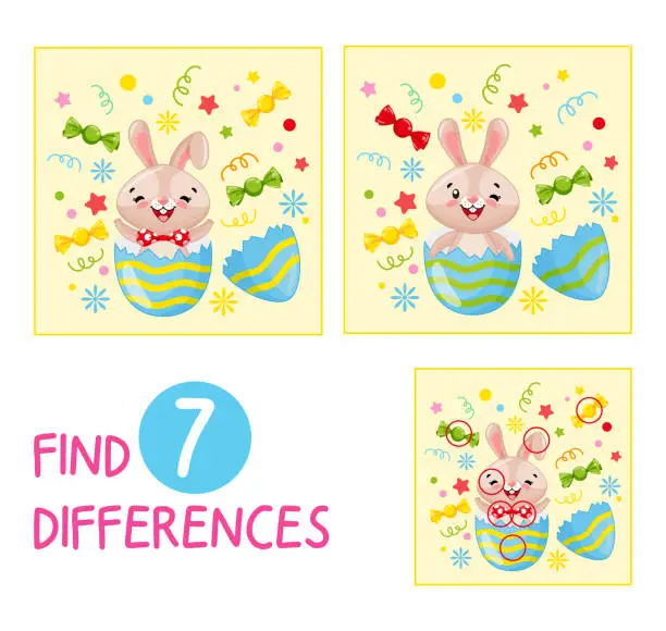 Vector illustration of Mini-game for children on the theme of Easter. Find 7 differences in the picture