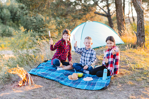 A cheerful company of two girls and a boy on a picnic in the middle of the forest. Children hold sausages on skewers to roast on the fire and have fun in nature.