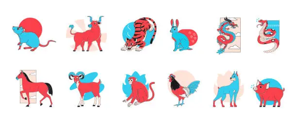 Vector illustration of Set of colored chinese zodiac sign animals Vector