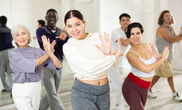 istock Group of people practicing energetic lindy hop movements 1465632489