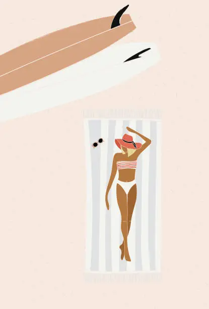 Vector illustration of A surfer girl taking the sun bath after surfing vector