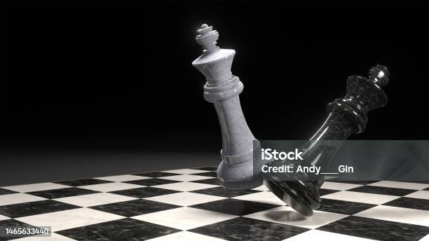 3d Render Of Chess Pieces On The Board The White King Knocks Down The Black King Business Concept Stock Photo - Download Image Now