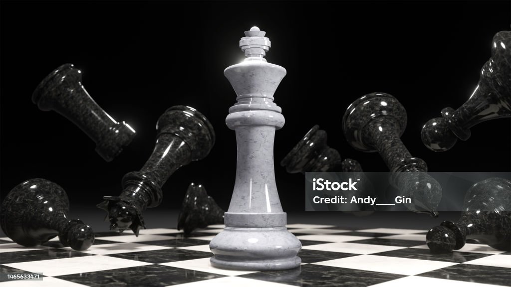 3D render of a chess king surrounded by falling black chess pieces. Marble pieces on a chessboard. 3D render of a chess king surrounded by falling black chess pieces. Marble pieces on a chessboard. The concept of mind games Army Stock Photo