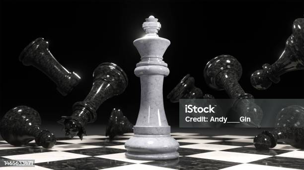 3d Render Of A Chess King Surrounded By Falling Black Chess Pieces Marble Pieces On A Chessboard Stock Photo - Download Image Now