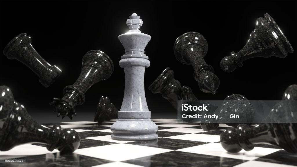 3d render of chess pieces on the board. White King surrounded by falling black figures. Business concept. 3d render of chess pieces on the board. White King surrounded by falling black figures. Business concept. mixed media Backgrounds Stock Photo