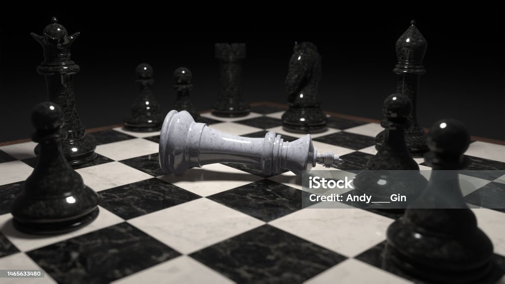 3d render of chess pieces on the board. The white king is defeated and lies surrounded by other pieces. Business concept. 3d render of chess pieces on the board. The white king is defeated and lies surrounded by other pieces. Business concept. mixed media Backgrounds Stock Photo