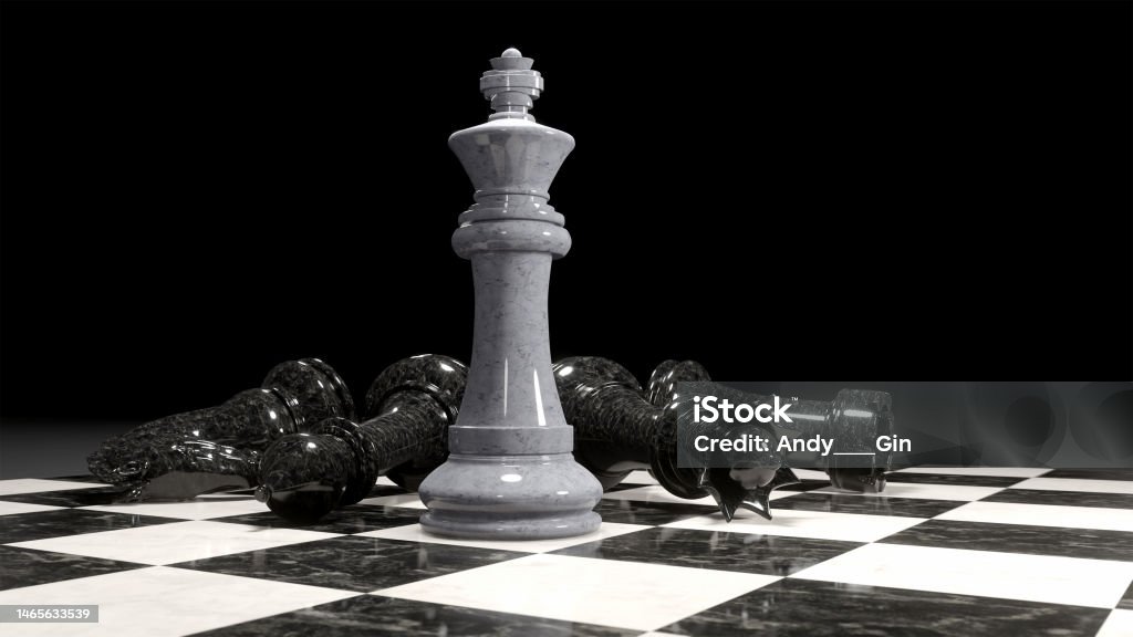 3d render of chess pieces on the board. The White King surrounded by defeated black pieces. Business concept. 3d render of chess pieces on the board. The White King surrounded by defeated black pieces. Business concept. mixed media Backgrounds Stock Photo