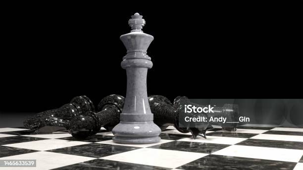 3d Render Of Chess Pieces On The Board The White King Surrounded By Defeated Black Pieces Business Concept Stock Photo - Download Image Now