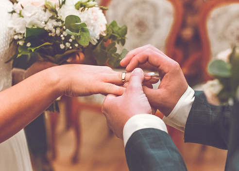 hands of a just married couple with the wedding rings and bouquet