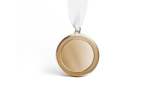 Blank gold medal mockup stand, front view, 3d renderin. Empty golden award for best first game champion mock up, isolated. Clear jewellery trophy badge for soccer or athletics achievement template.