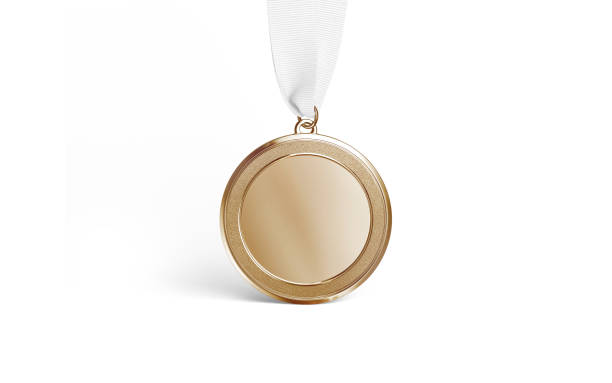 Blank gold medal mockup stand, front view stock photo