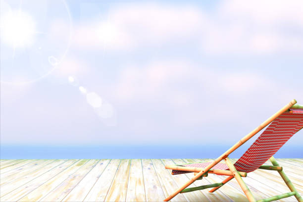 Beach bench on a defocused sea and sand background with copy space. Concept of summer time, relaxation, enjoyment. 3d render.