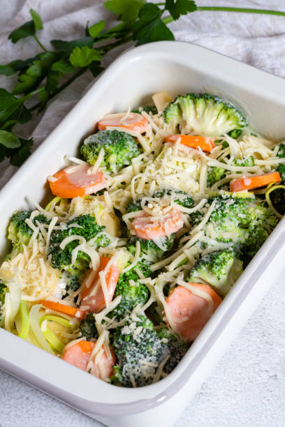 istock Tasty broccoli casserole in baking dish on table. 1465638168