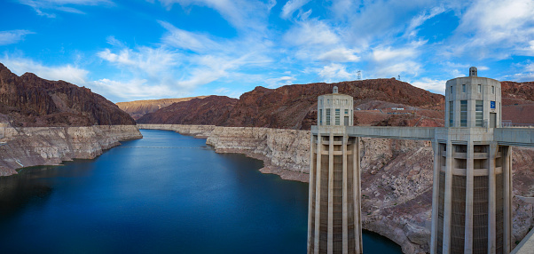 Hoover Dam in United States. Hydroelectric power station on the border of Arizona and Nevada. Low level water reservoir.