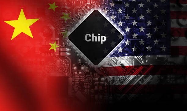 istock China Vs America Chip war and competition in market concept background with microchip and flag of both countries. Chip making tech giants and industries concept backdrop 1465639392