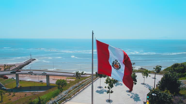 Panoramic aerial view of Miraflores district coastline parque bicentenario  in Lima, Peru.