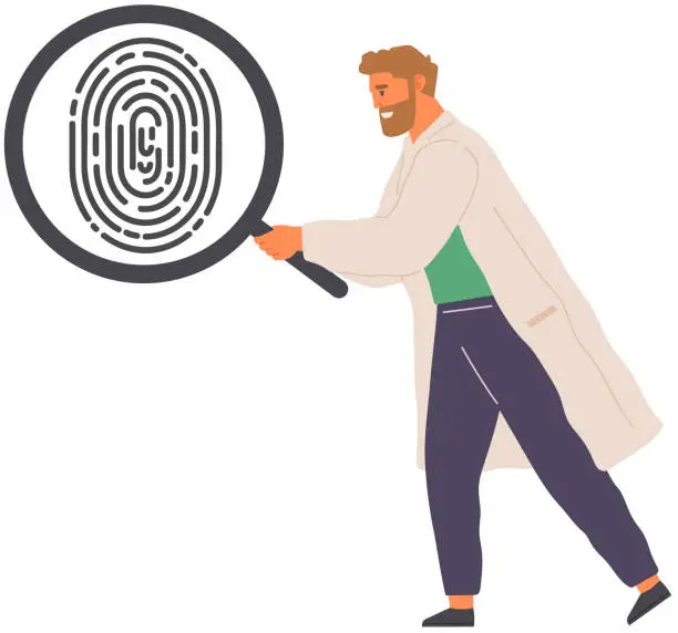 Vector illustration of Man looking at inger print with search loupe. Scientist with magnifying glass examines evidence