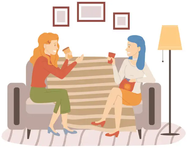 Vector illustration of Smiling friends drinking tea and talking at home Happy women laughing and gossiping sit on couch