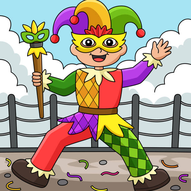 ภาพประกอบสต็อกที่เกี่ยวกับ "mardi gras jester boy กับ baton colored cartoon - joker123"