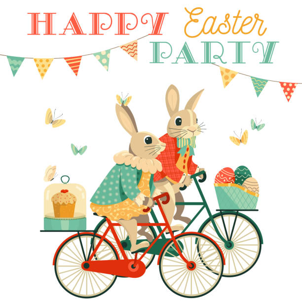 счастливой пасхальной вечеринки кролики причудливый векторный плакат - easter traditional culture backgrounds basket stock illustrations