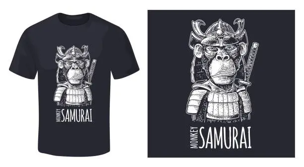 Vector illustration of Monkey dressed in the japan helmet and armor with samurai sword behind.