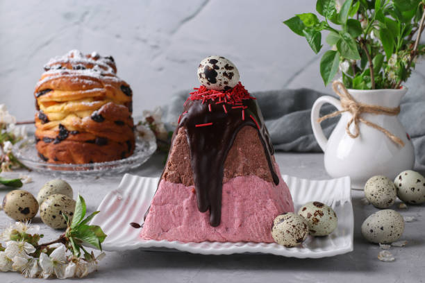 istock Easter Curd dessert with cherries and chocolate, decorated with quail eggs as well as Cake Craffin on gray background 1465647988