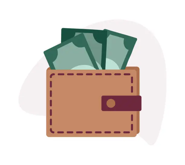 Vector illustration of Wallet with money. Brown leather Purse with dollar Banknotes. Currency storage. Personal finance. Isolated Pocketbook.