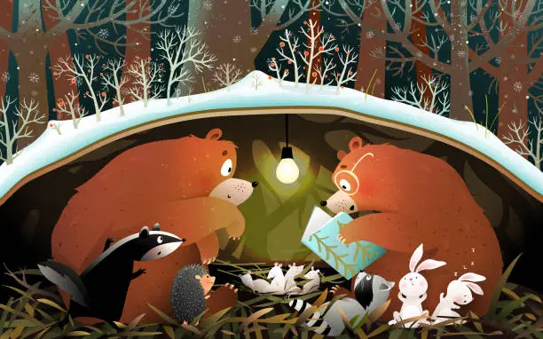 Vector illustration of Animals Reading a Book Story in a Den or Burrow