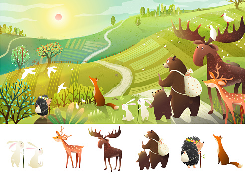 Hiking animals adventures and road trip in country landscape. Bear, moose backpack hiking tale in wild nature scenery. Animals in nature wallpaper. Hand drawn vector illustration in watercolor style.