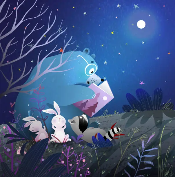 Vector illustration of Cute Animals Read a Tale Book at Night under Stars